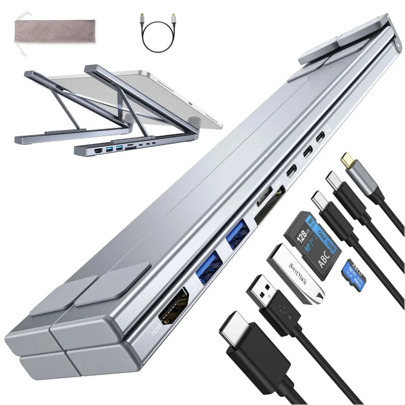 8-in-1 Aluminum Docking Station & Laptop Stand with USB-C/Hub/HDMI, Cooling Pad & Tablet Holder (Universal)